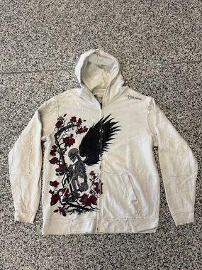 Y2K Affliction Cream Zip Hoodie with Black Winged Skeleton & Red Rose Print